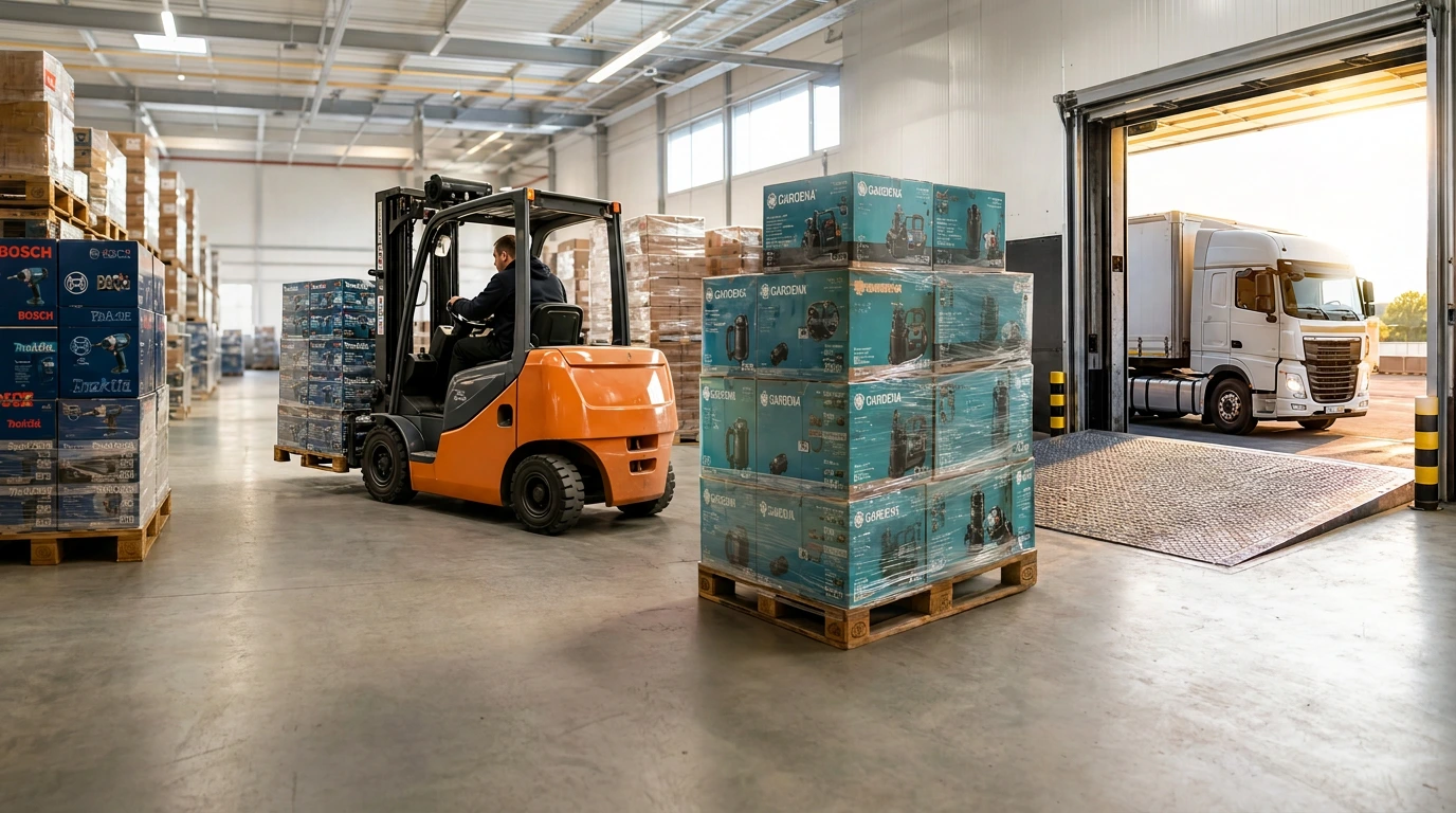 Lagerhalle in Wetzlar mit Gabelstapler, Paletten und Lkw